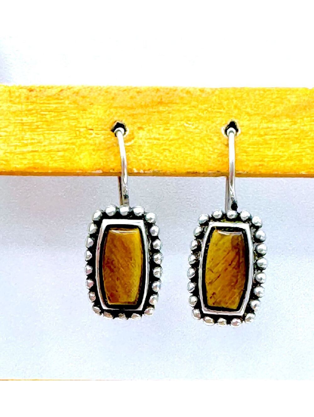 Sterling silver bezel set rectangle tigers eye dangle beaded outside earrings
